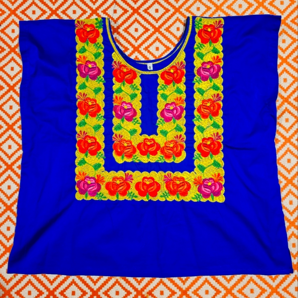 Authentic Mexican Embroidered Royal Blue Blouse